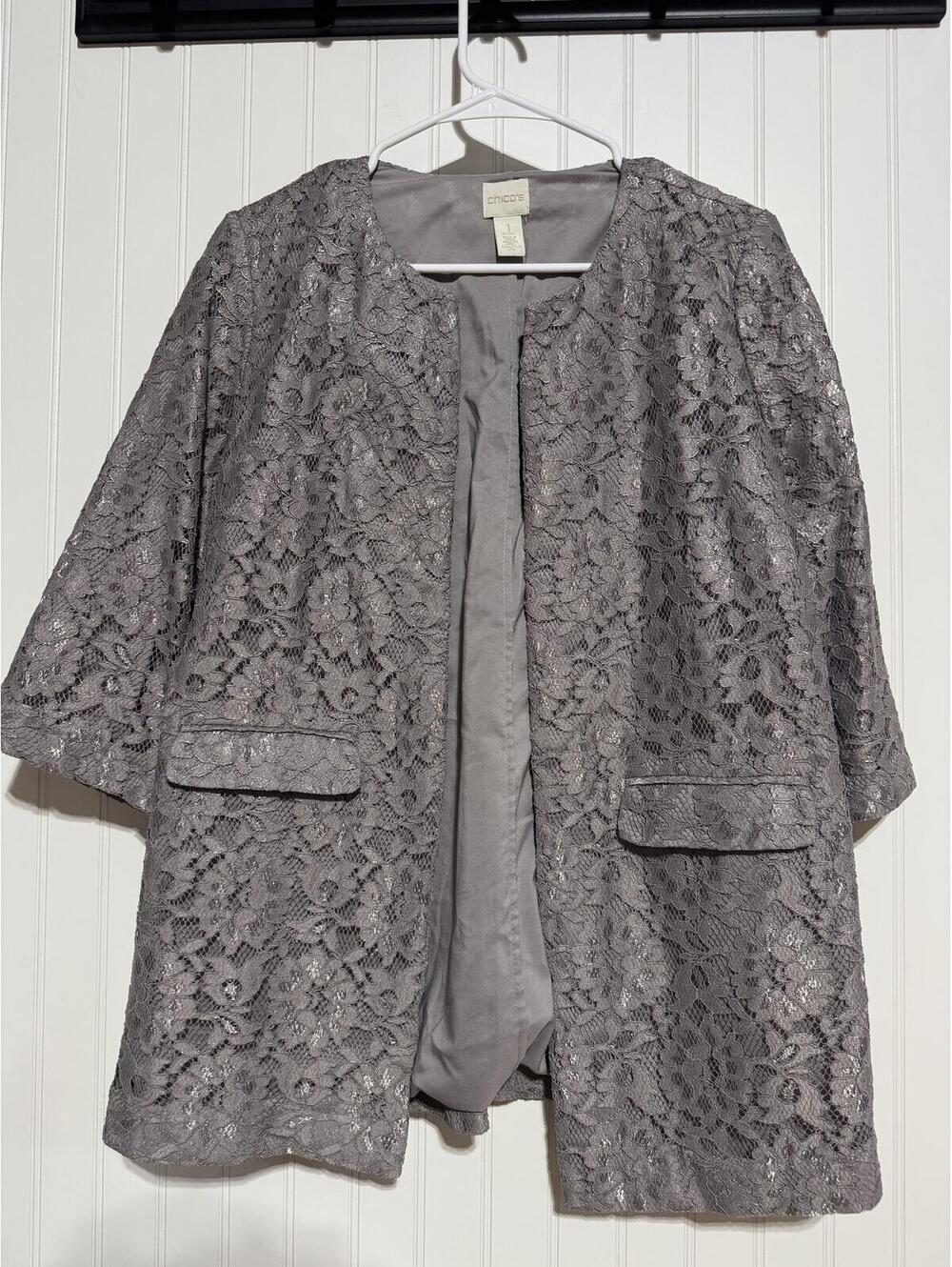 Chicos Metallic Lace Open Front Jacket Blazer Womens Size 1 Petite Pewter Gray